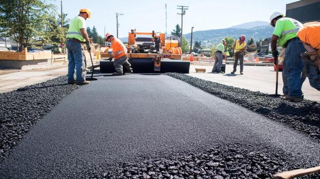 Construction workers laying fresh asphalt on a road photo